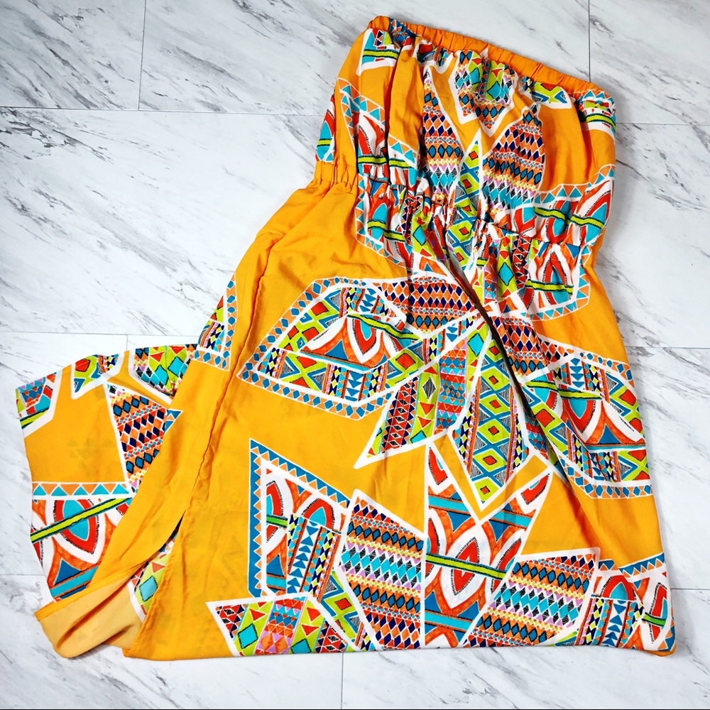 Plus Size Orange Tribal Geo Print Strapless Maxi - Picture 3 of 7